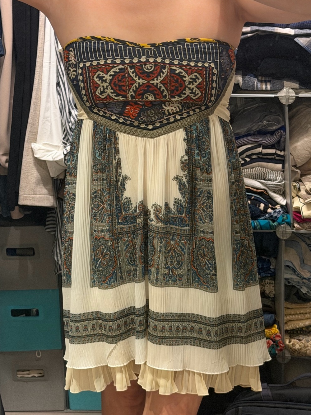 Free People Bohemian Cream and Navy Strapless Pleated Dress
